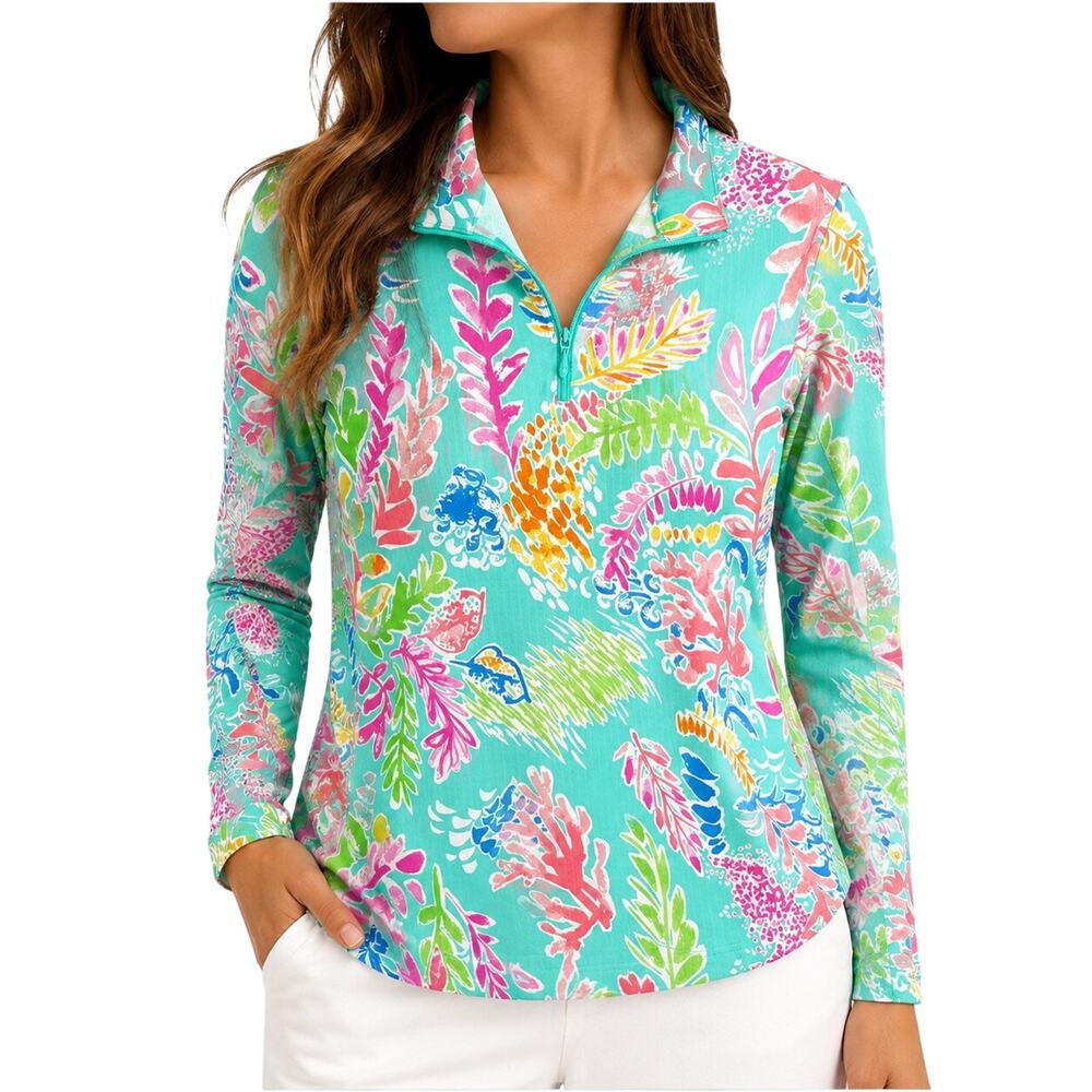 IBKUL Sz Medium Long Sleeve UPF Golf Blouse Shirt Top Tropical Beach UV